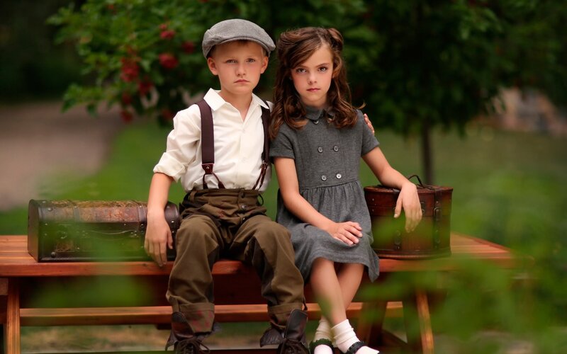 Two Children on Bench — Green, Serious