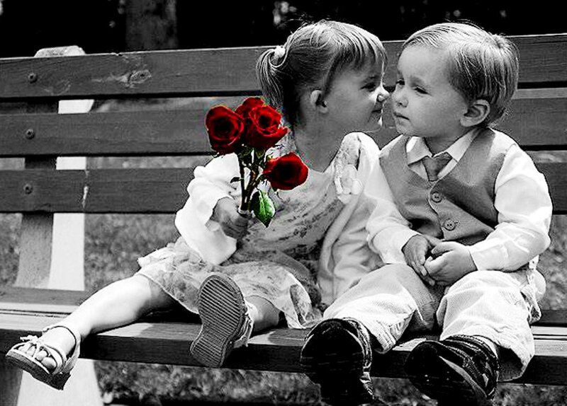 Two Children on Bench — Red, Sentimental