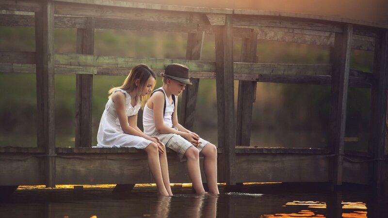 Two Children on Dock — Brown