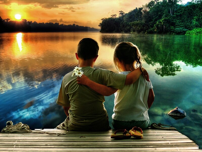 Two Children on Dock — Orange, Serene, Sunset, Photograph, Flower