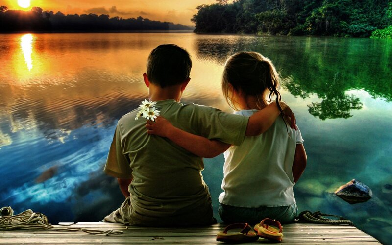 Two Children on Dock — Orange, Serene, Sunset, Photograph