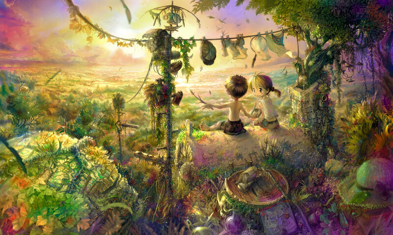 Two Children on Hill — Green