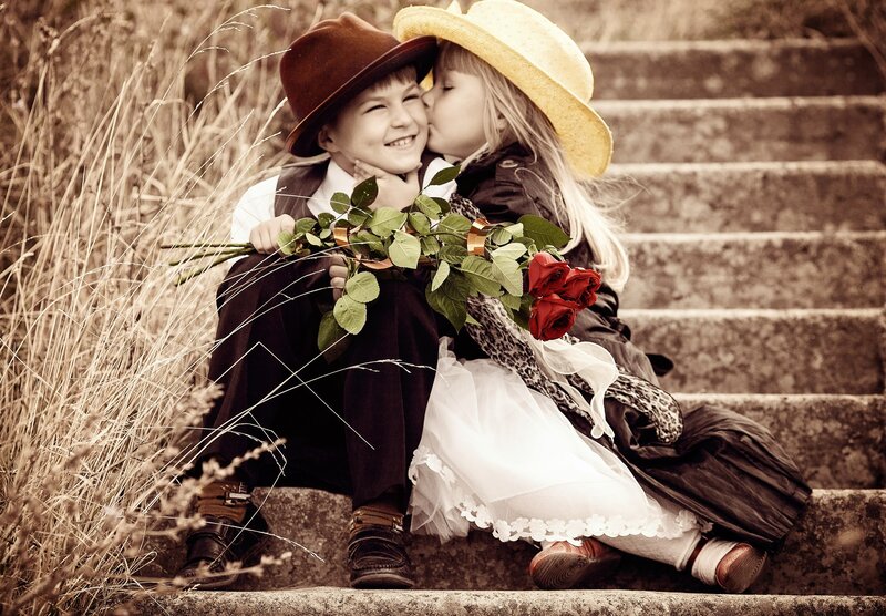 Two Children on Steps — Brown, Sentimental