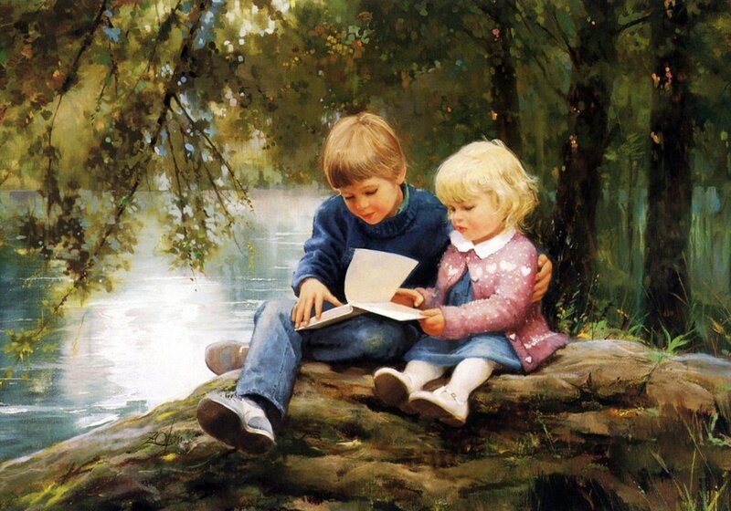 Two Children Reading Book