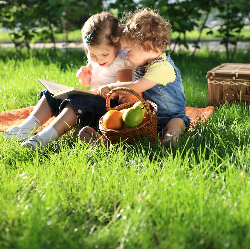 Two Children Reading — Green, Peaceful, Afternoon