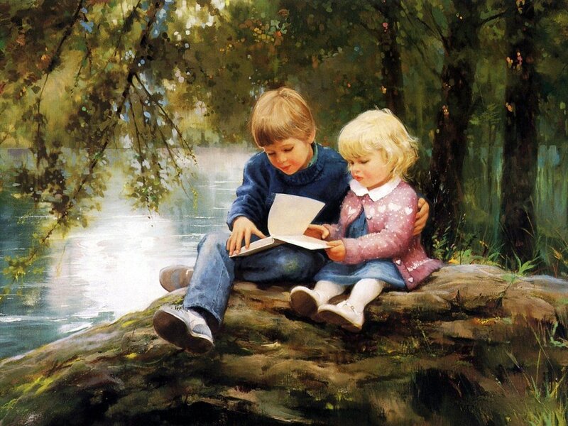 Two Children Reading — Green, Peaceful