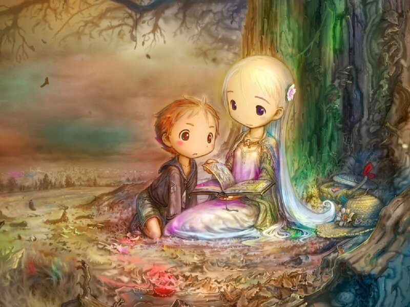 Two Children Reading — Green, Serene