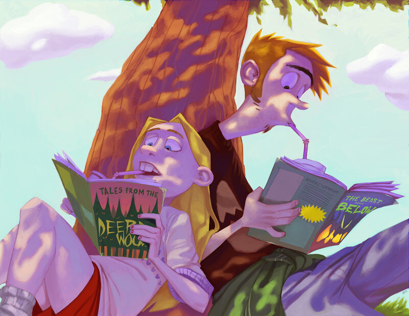 Two Children Reading — Purple