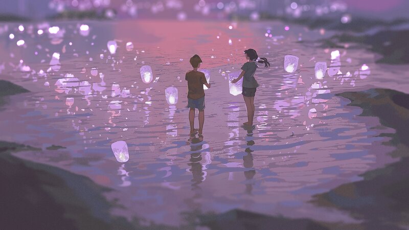 Two Children Releasing Lanterns