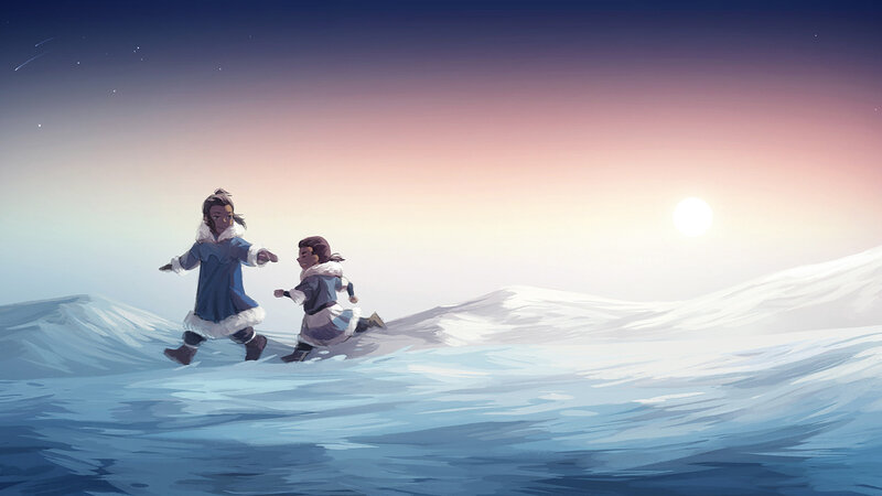Two Children Running — Blue, Serene