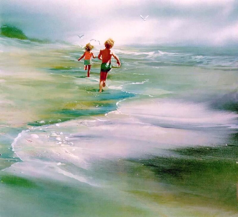 Two Children Running on Beach