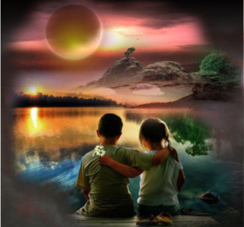 Two Children Sitting — Orange
