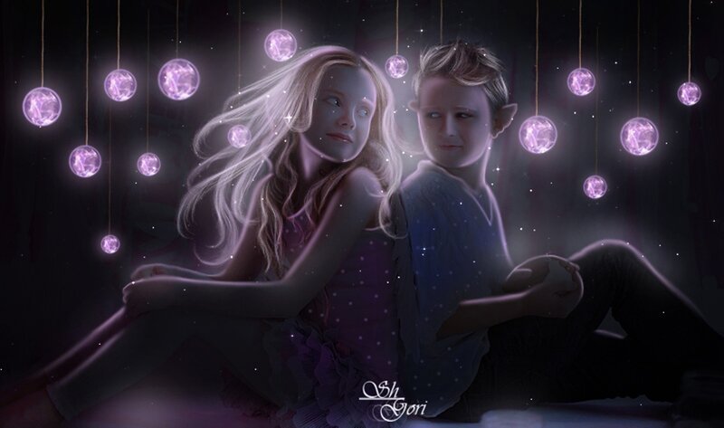Two Children Sitting — Purple