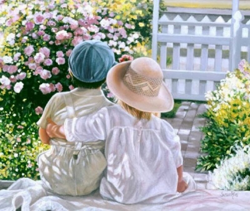 Two Children Sitting — White, Serene