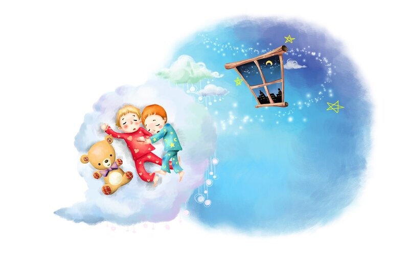 Two Children Sleeping — Blue, Serene, Night, Illustration