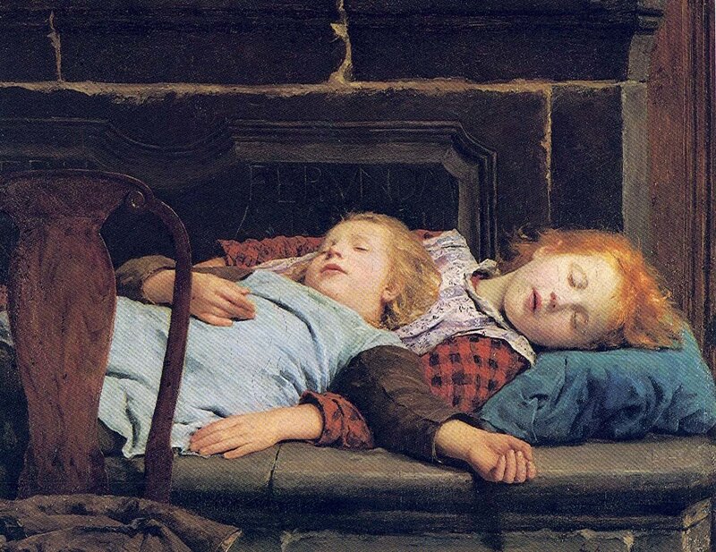 Two children sleeping by a fireplace