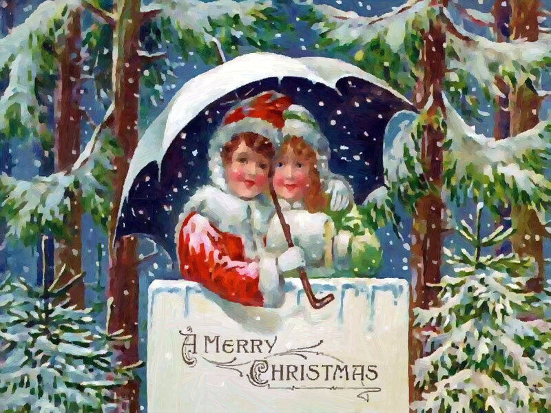 Two Children under Umbrella — White, Festive