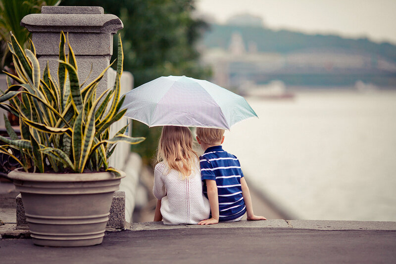 Two Children under Umbrella — White
