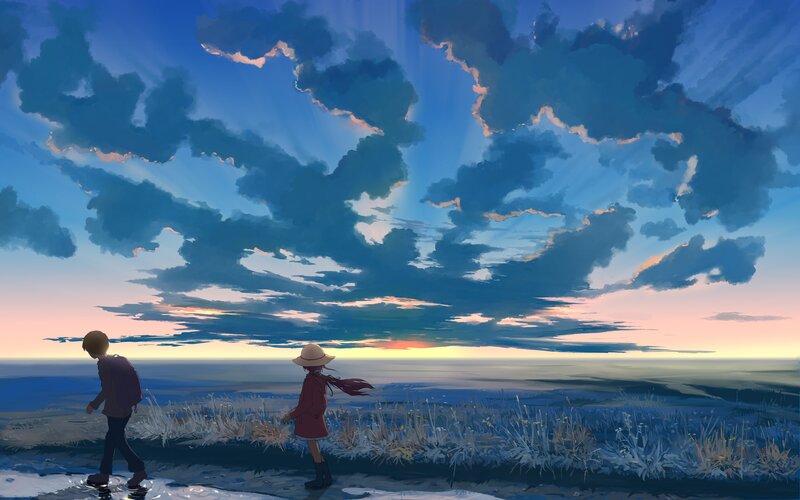 Two Children Walking — Blue, Serene, Sunset