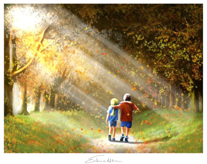 Two Children Walking — Green