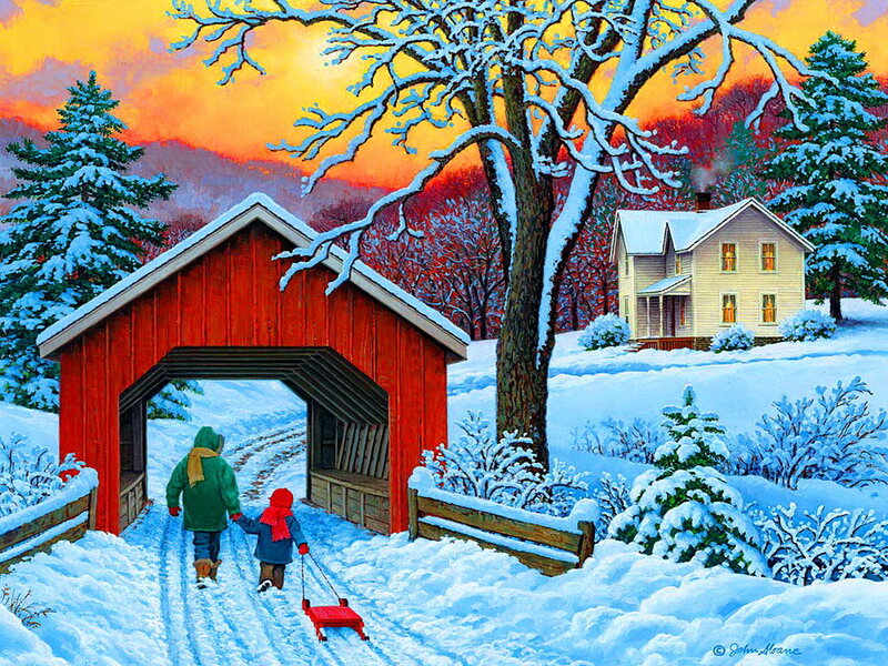 Two Children Walking in Snow