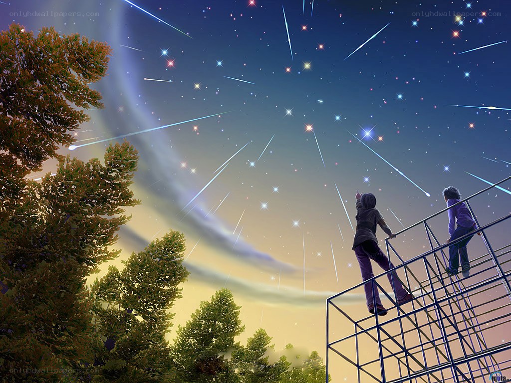 Two children watching meteor shower