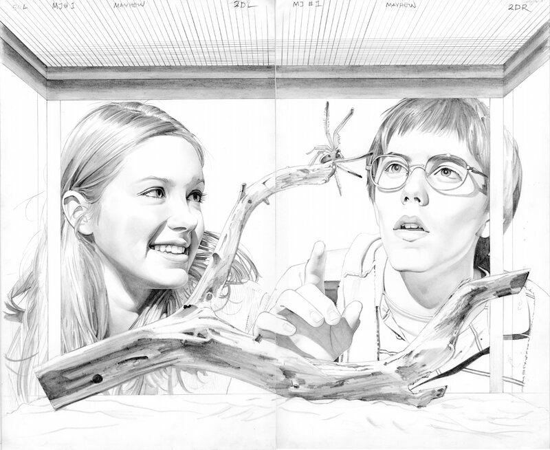 Two children with a spider