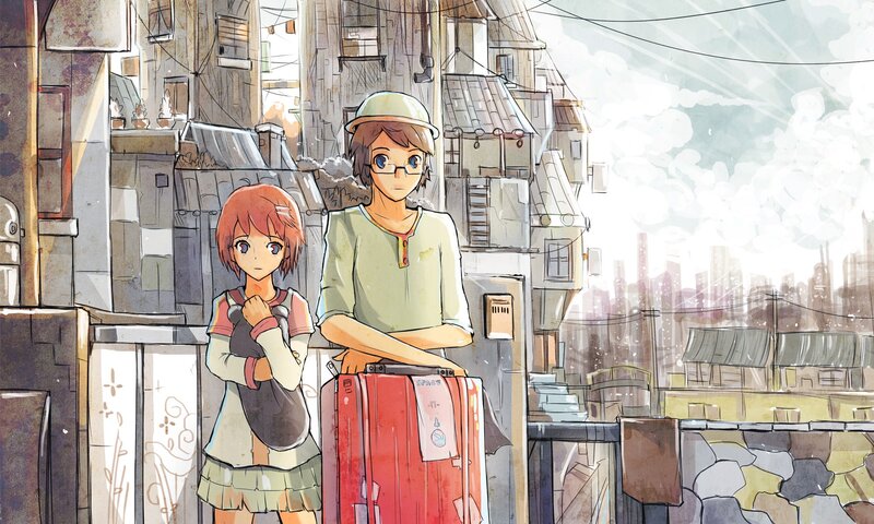 Two children with a suitcase