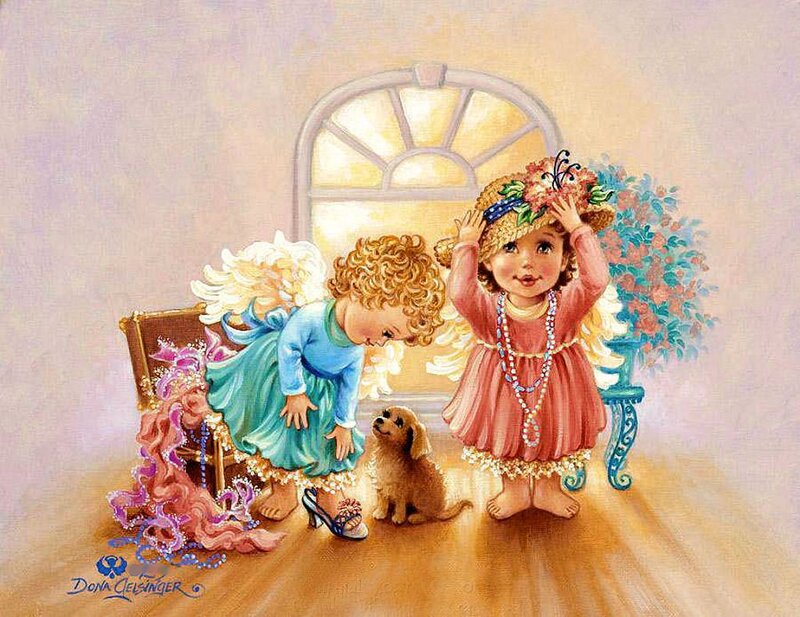 Two Children with Dog — Pink