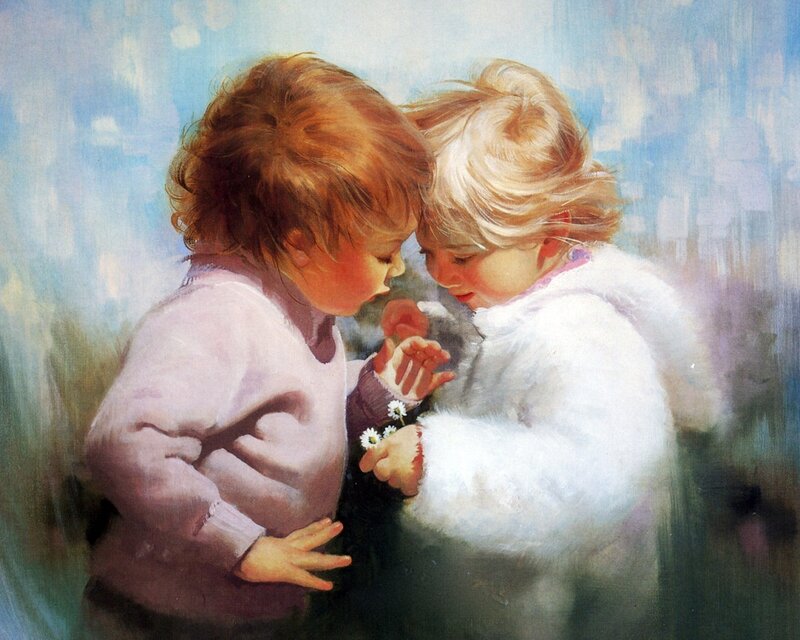 Two Children with Flowers — Blue, Serene