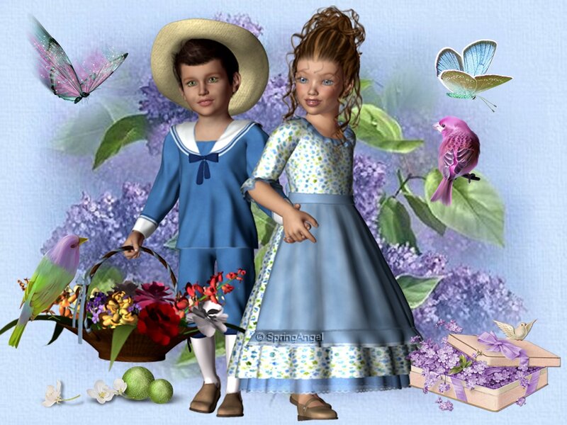 Two Children with Flowers — Blue