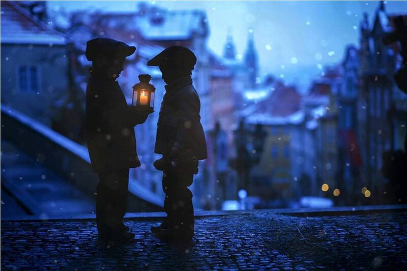 Two Children with Lantern — Blue, Serene