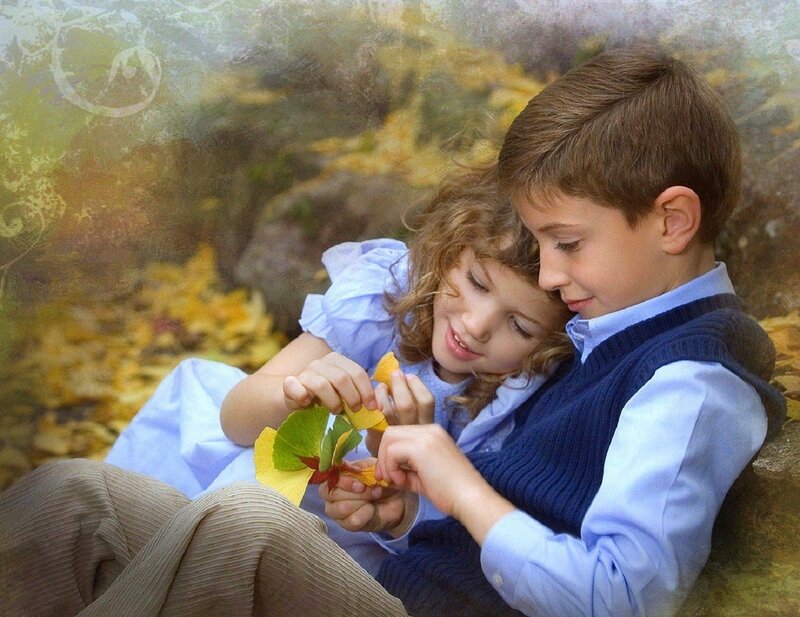 Two Children with Leaves — Blue