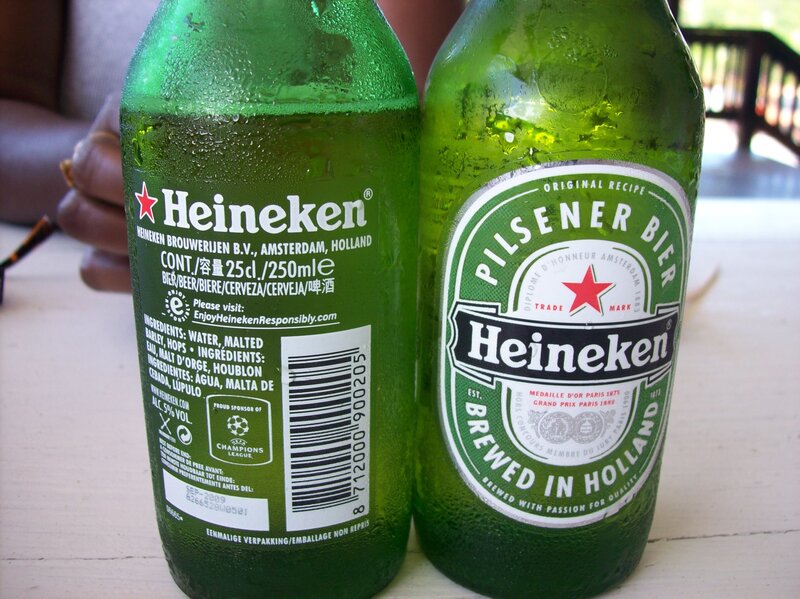 Two chilled Heineken bottles