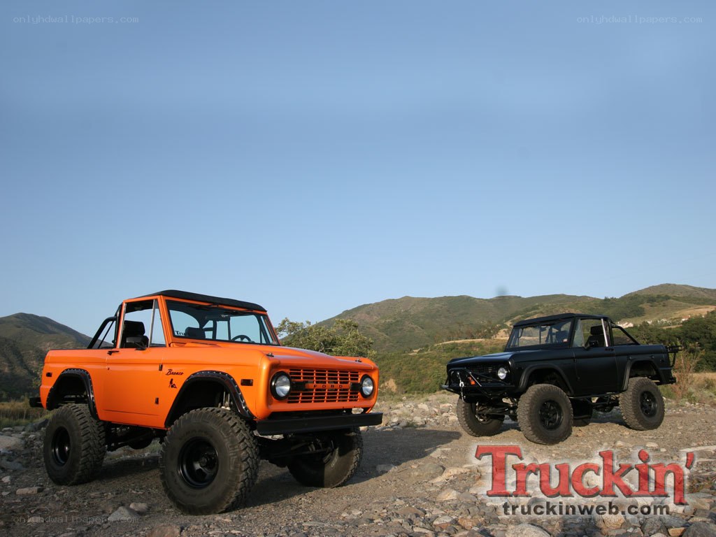 Two classic Broncos on a hill