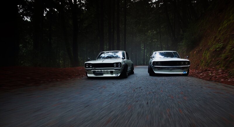 Two classic cars on a forest road