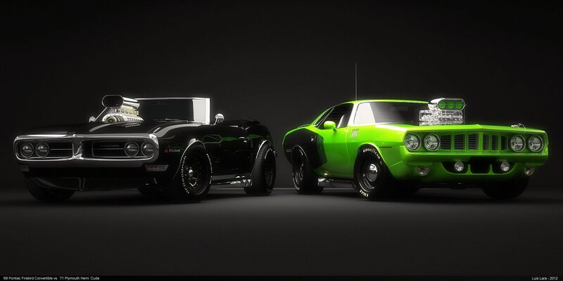 Two Classic Muscle Cars — Black, Dramatic, Digital Art