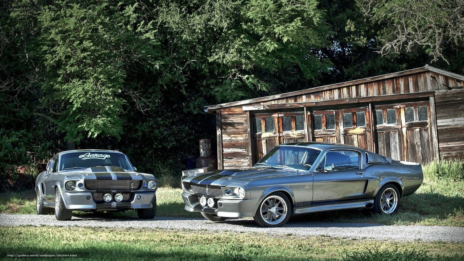 Two classic muscle cars in front of a barn