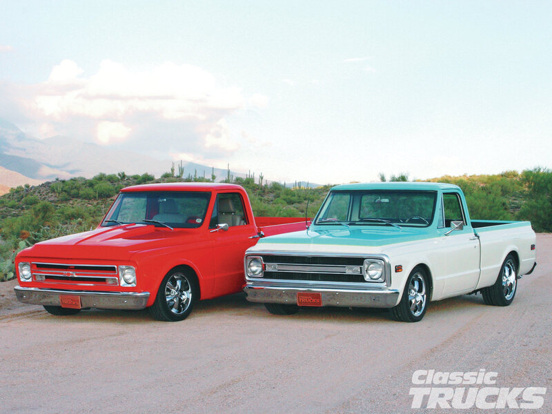 Two Classic Pickup Trucks — Red, Serene