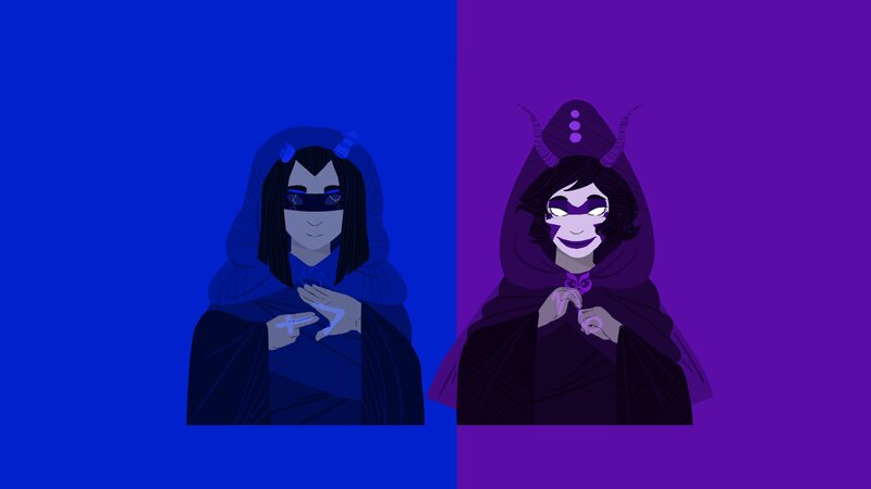 two cloaked figures in blue and purple