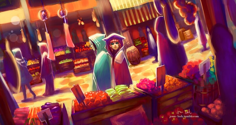 Two Cloaked Figures in Market