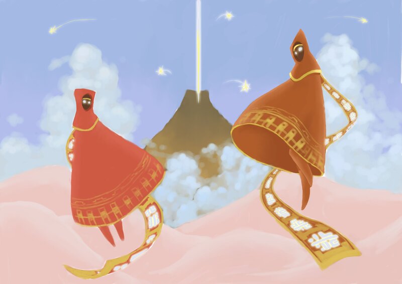 Two cloaked figures on a mountain
