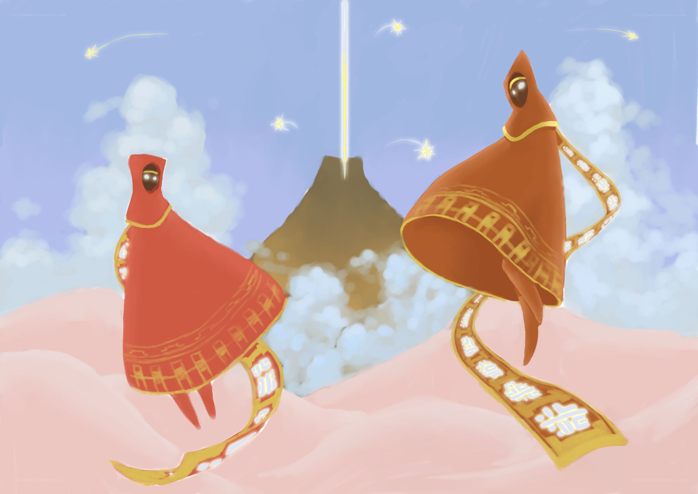 Two cloaked figures on a mountain