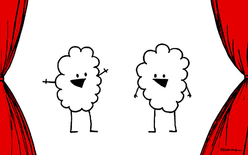 Two cloud characters on stage