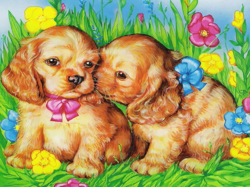 Two Cocker Spaniel Puppies — Green, Cheerful
