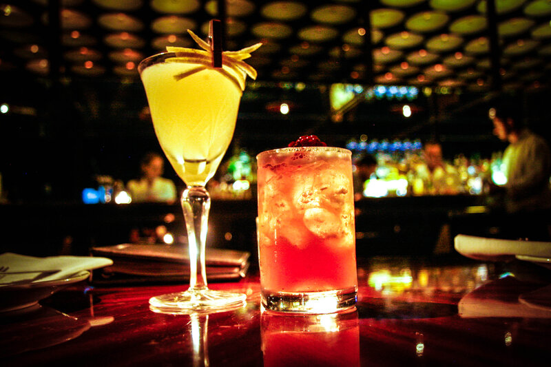 Two Cocktails on Table — Red, Dark