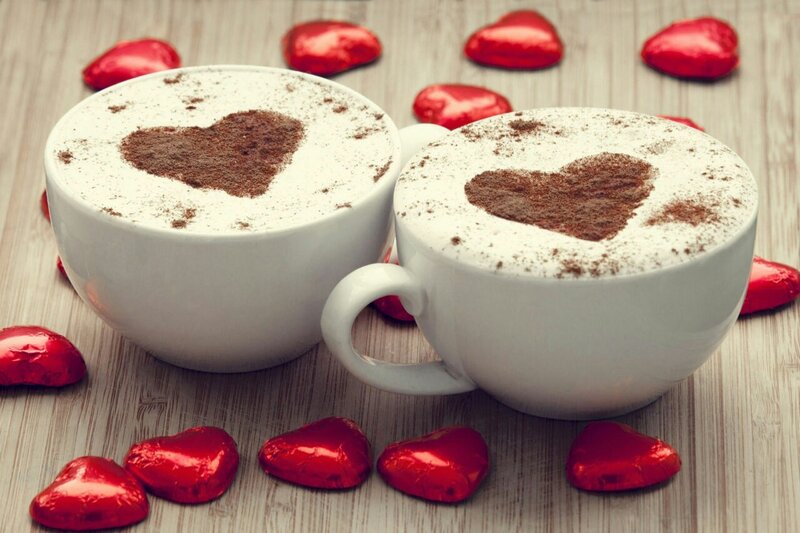 Two Coffee Cups with Hearts — White, Romantic