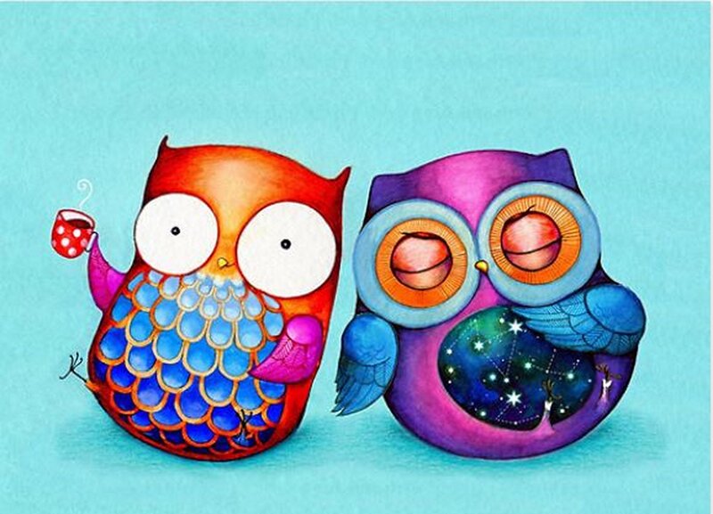 Two Colorful Owls — Blue