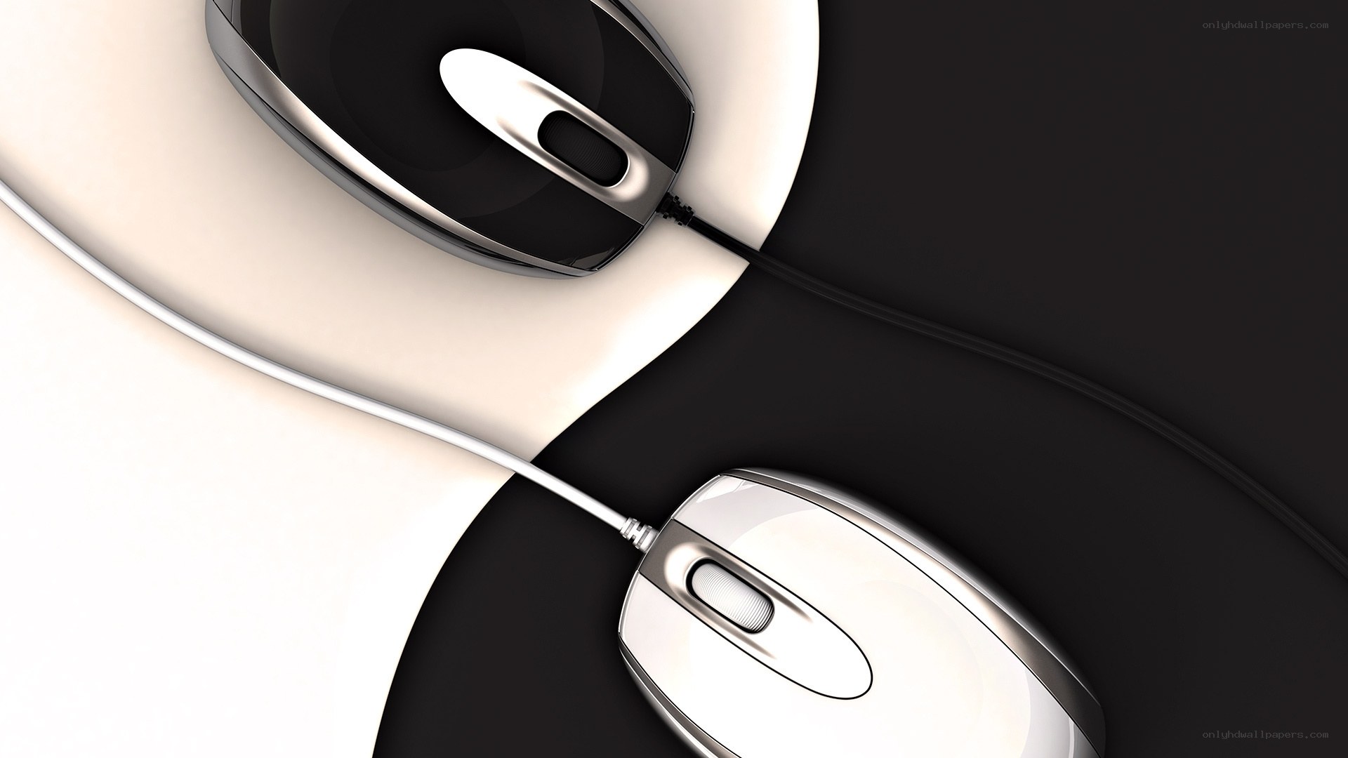 Two computer mice on black and white surface