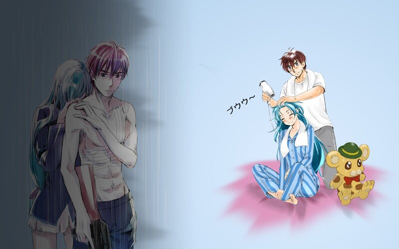 Two contrasting anime scenes